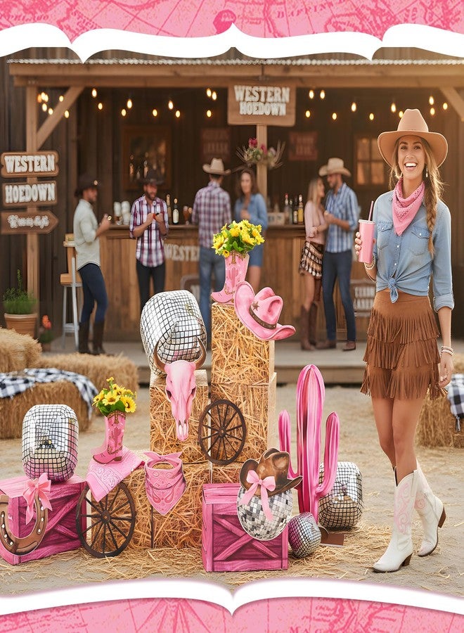 AceOrbit 24 Pcs Western Cowgirl Party Decorations Disco Foil Balloons Hay Bales Straw Boxes Pink Cactus Cowgirl Card Hat Horseshoe Props for Halloween Trunk or Treat Car Birthday Theme Party - Image 4